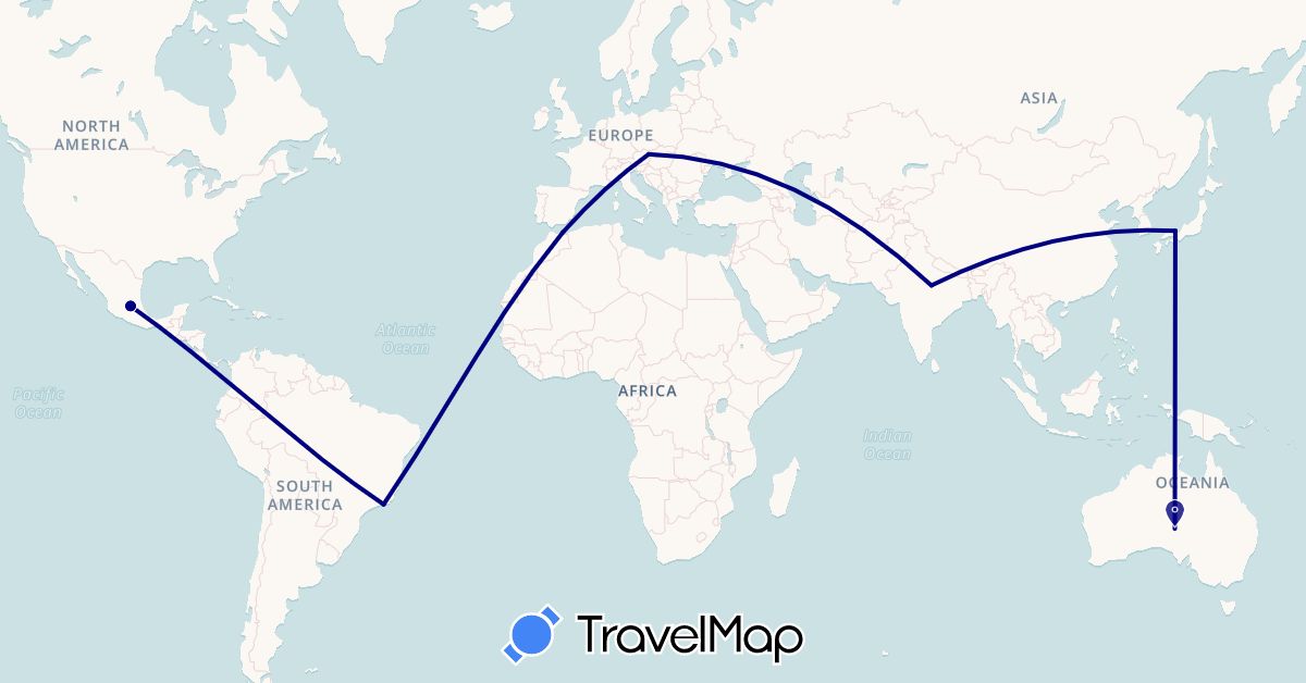 TravelMap itinerary: driving in Austria, Australia, Brazil, India, Japan, Morocco, Mexico (Africa, Asia, Europe, North America, Oceania, South America)